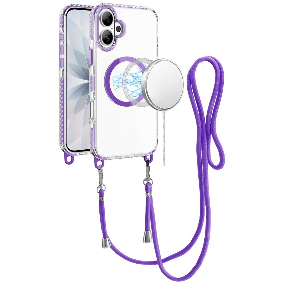 for iphone 17 transparent hq clear line design edged hybrid [magnetic circle] with matching lanyard dark purple