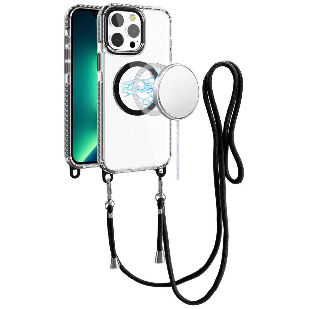 for iphone 13 pro max transparent hq clear line design edged hybrid [magnetic circle] with matching lanyard black