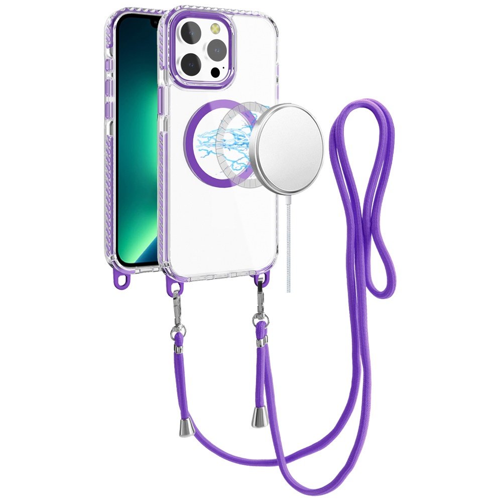 for iphone 13 pro max transparent hq clear line design edged hybrid [magnetic circle] with matching lanyard dark purple