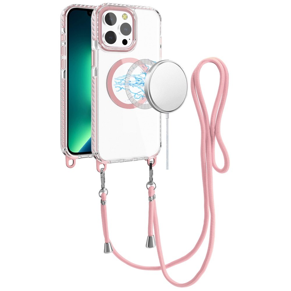 for iphone 13 pro max transparent hq clear line design edged hybrid [magnetic circle] with matching lanyard light pink