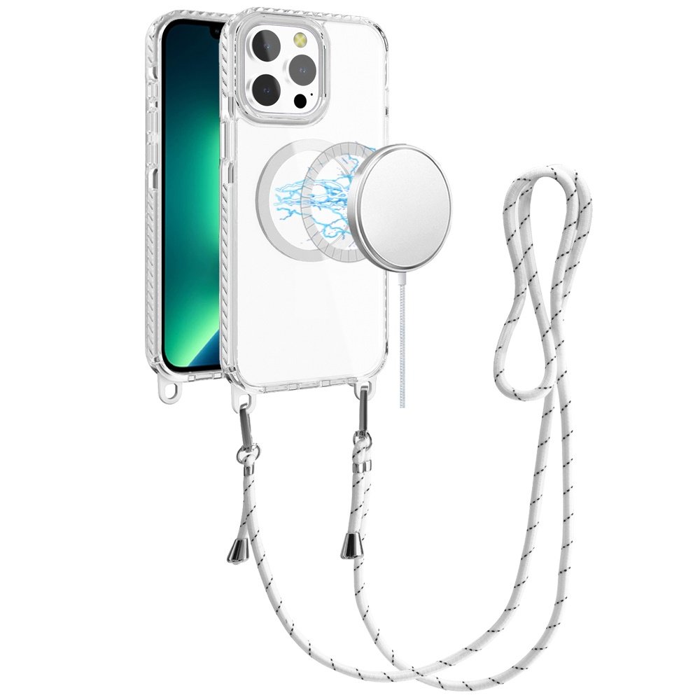 for iphone 13 pro max transparent hq clear line design edged hybrid [magnetic circle] with matching lanyard white