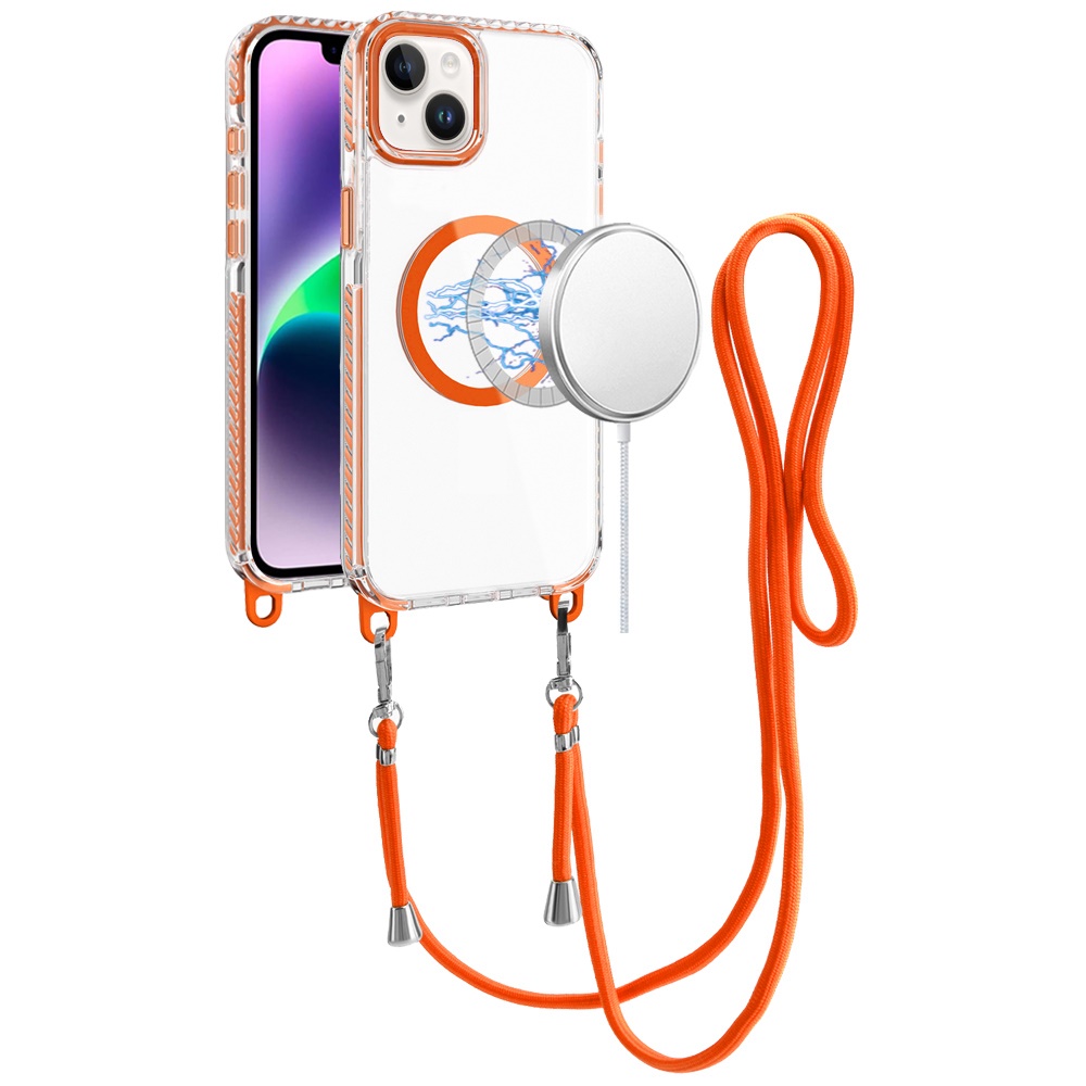 for iphone 13/14 transparent hq clear line design edged hybrid [magnetic circle] with matching lanyard cosmic orange