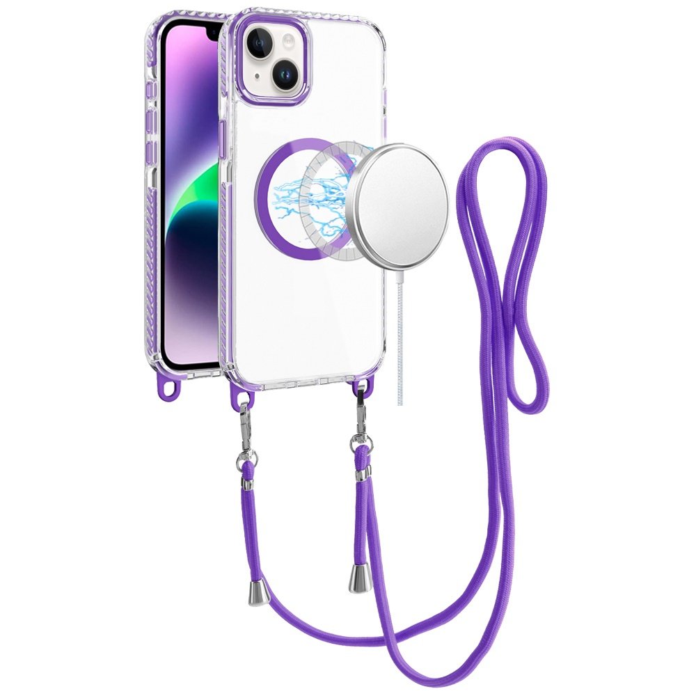 for iphone 13/14 transparent hq clear line design edged hybrid [magnetic circle] with matching lanyard dark purple