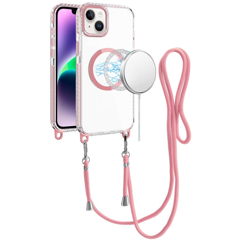 for iphone 13/14 transparent hq clear line design edged hybrid [magnetic circle] with matching lanyard light pink