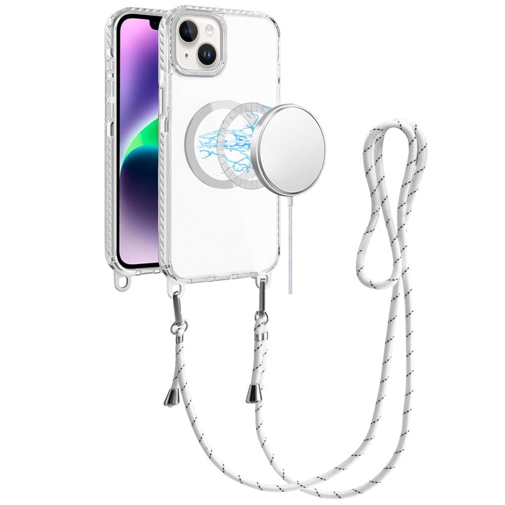for iphone 13/14 transparent hq clear line design edged hybrid [magnetic circle] with matching lanyard white
