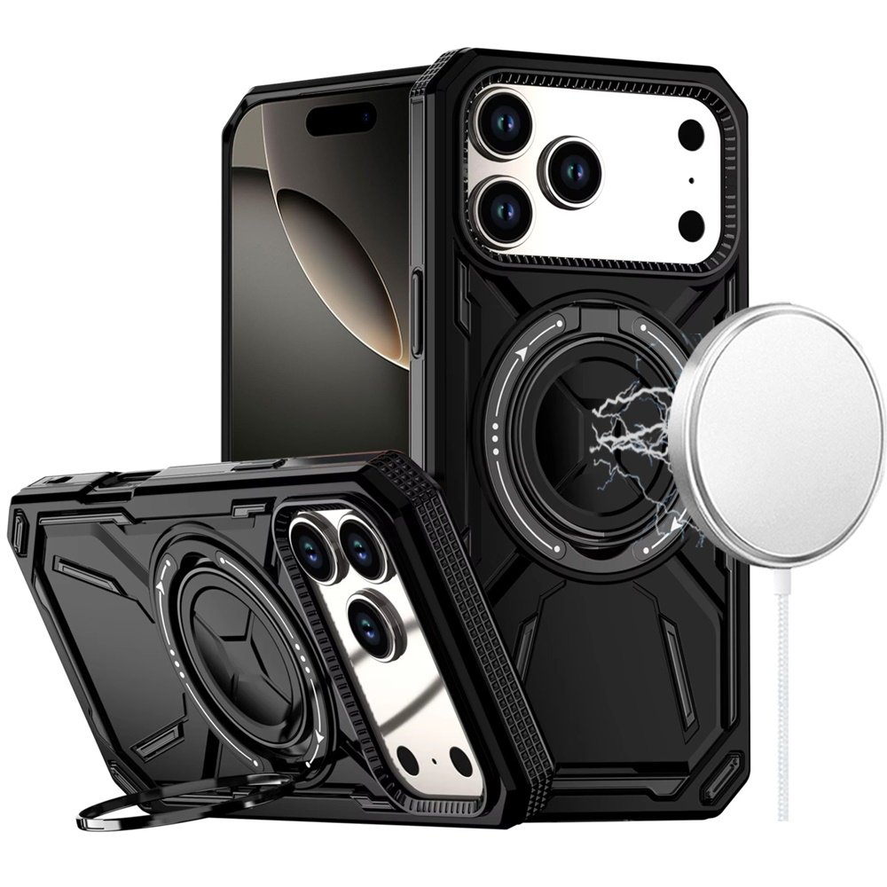 for iphone 17 pro max loop hybrid with [magnetic ring circle] 360 degrees rotational kickstand case cover black