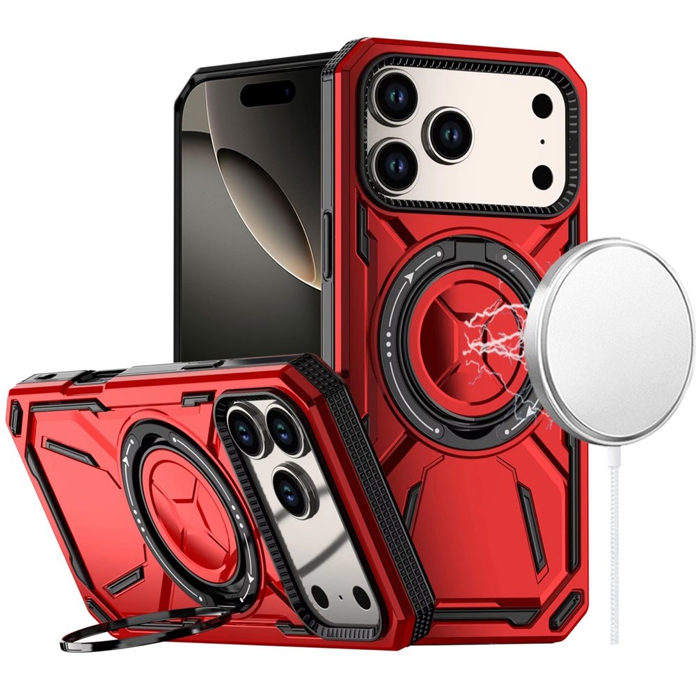 for iphone 17 pro max loop hybrid with [magnetic ring circle] 360 degrees rotational kickstand case cover red