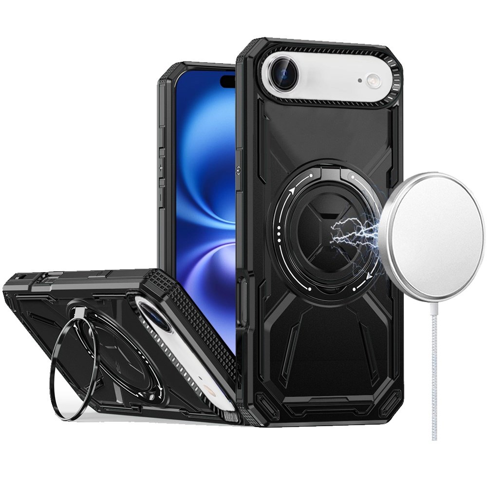 for iphone 17 air loop hybrid with [magnetic ring circle] 360 degrees rotational kickstand case cover black