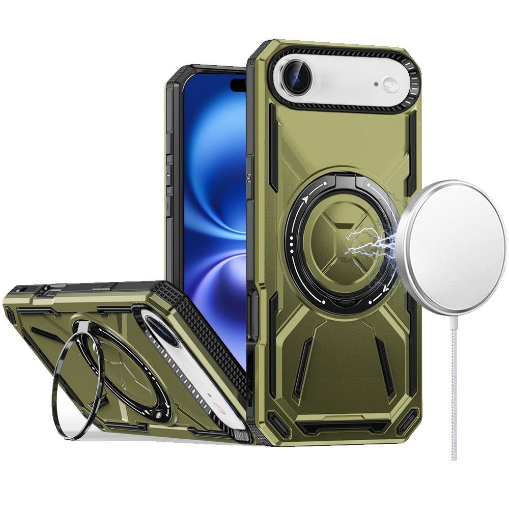 for iphone 17 air loop hybrid with [magnetic ring circle] 360 degrees rotational kickstand case cover midnight green