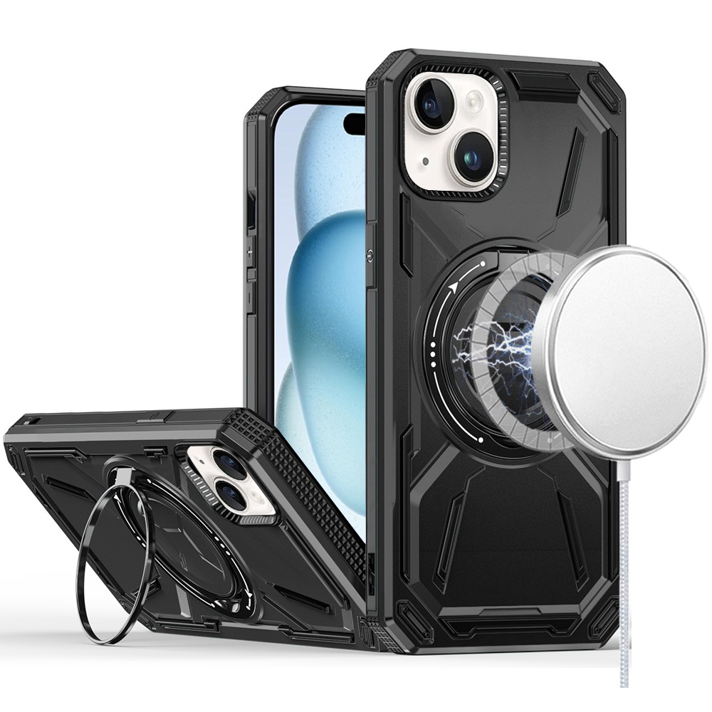 for iphone 15 plus loop hybrid with [magnetic ring circle] 360 degrees rotational kickstand case cover black