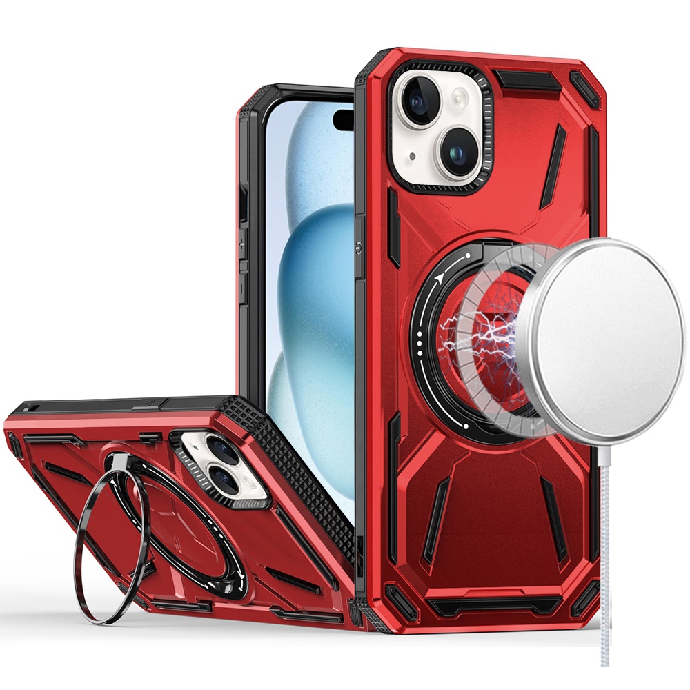 for iphone 15 plus loop hybrid with [magnetic ring circle] 360 degrees rotational kickstand case cover red