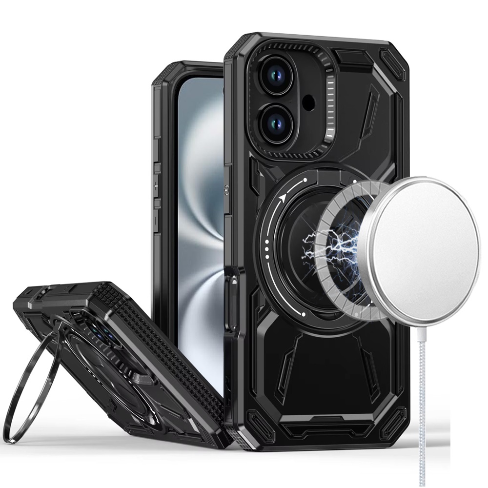 for iphone 16 6.1 inch loop hybrid with [magnetic ring circle] 360 degrees rotational kickstand case cover black