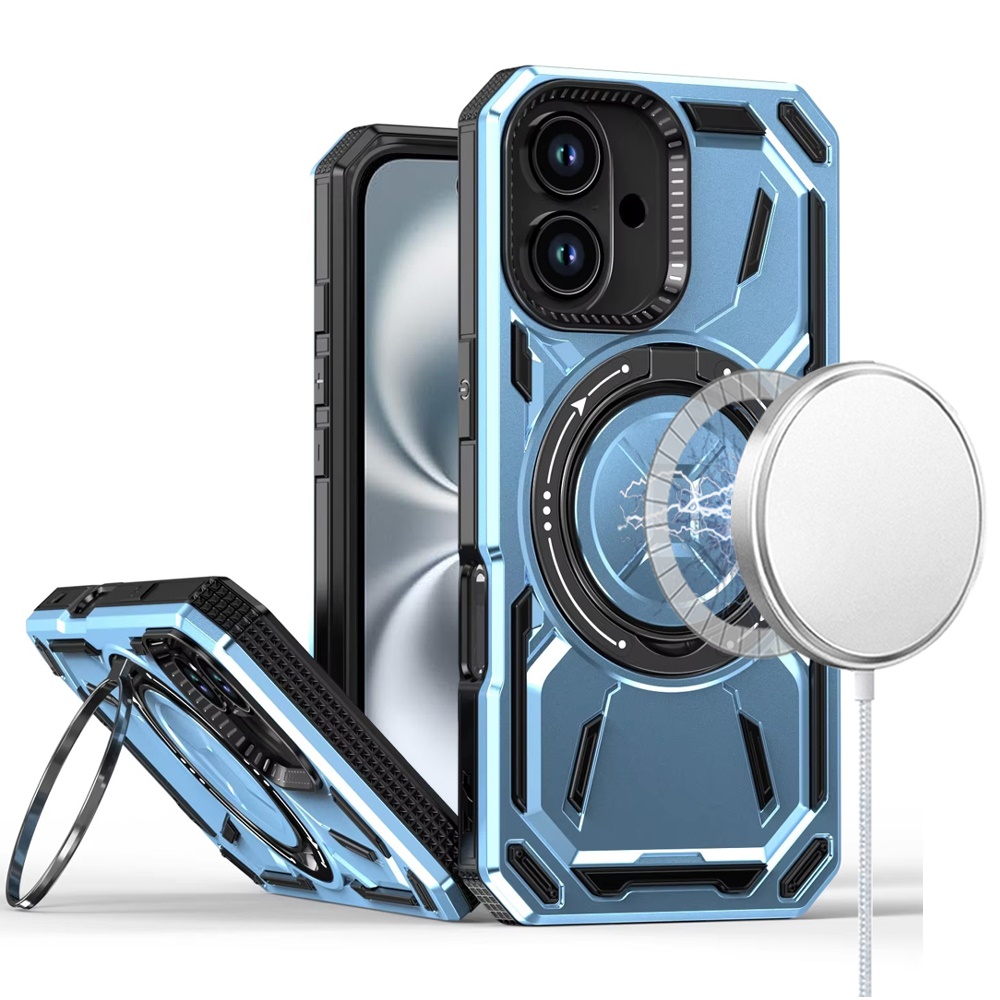 for iphone 16 6.1 inch loop hybrid with [magnetic ring circle] 360 degrees rotational kickstand case cover light blue