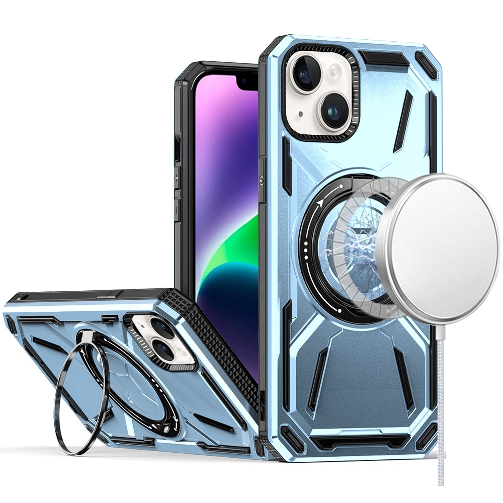 for iphone 14/13 loop hybrid with [magnetic ring circle] 360 degrees rotational kickstand case cover light blue