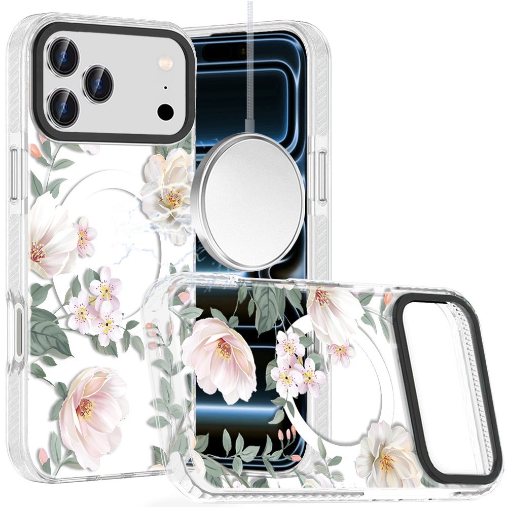 for iphone 17 pro max beautiful magnetic hybrid imd design case light floral with gray leaves