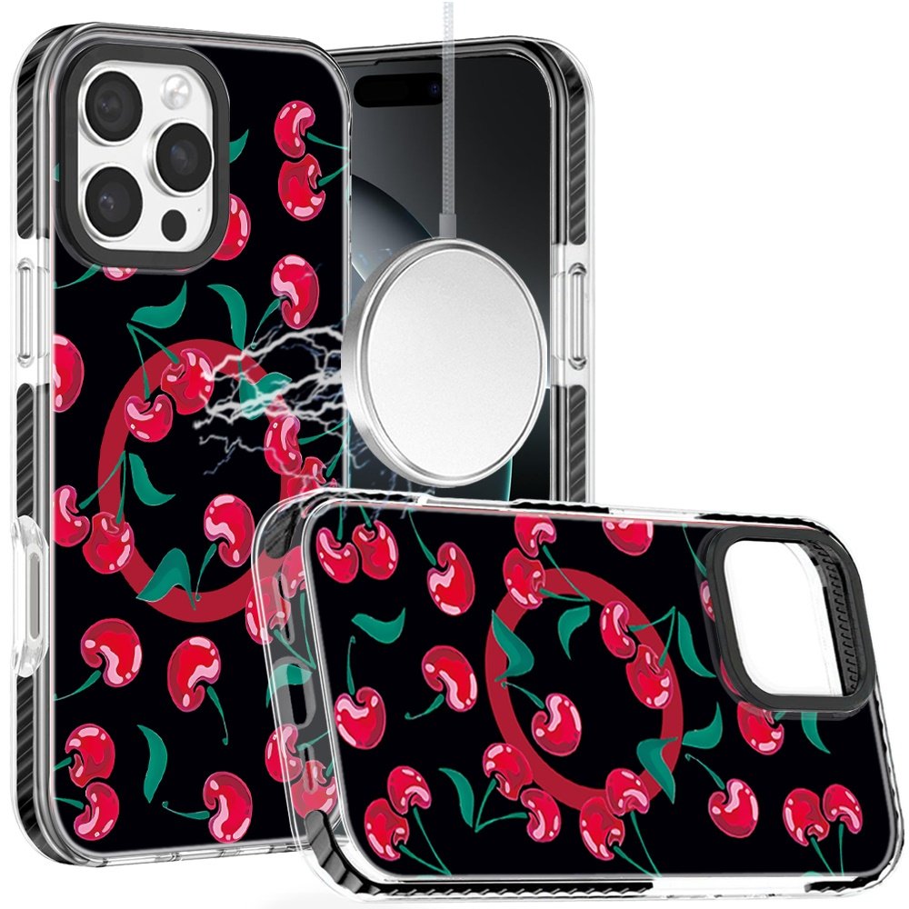 for iphone 16 pro max 6.9 beautiful magnetic hybrid imd design case black base with red cherries
