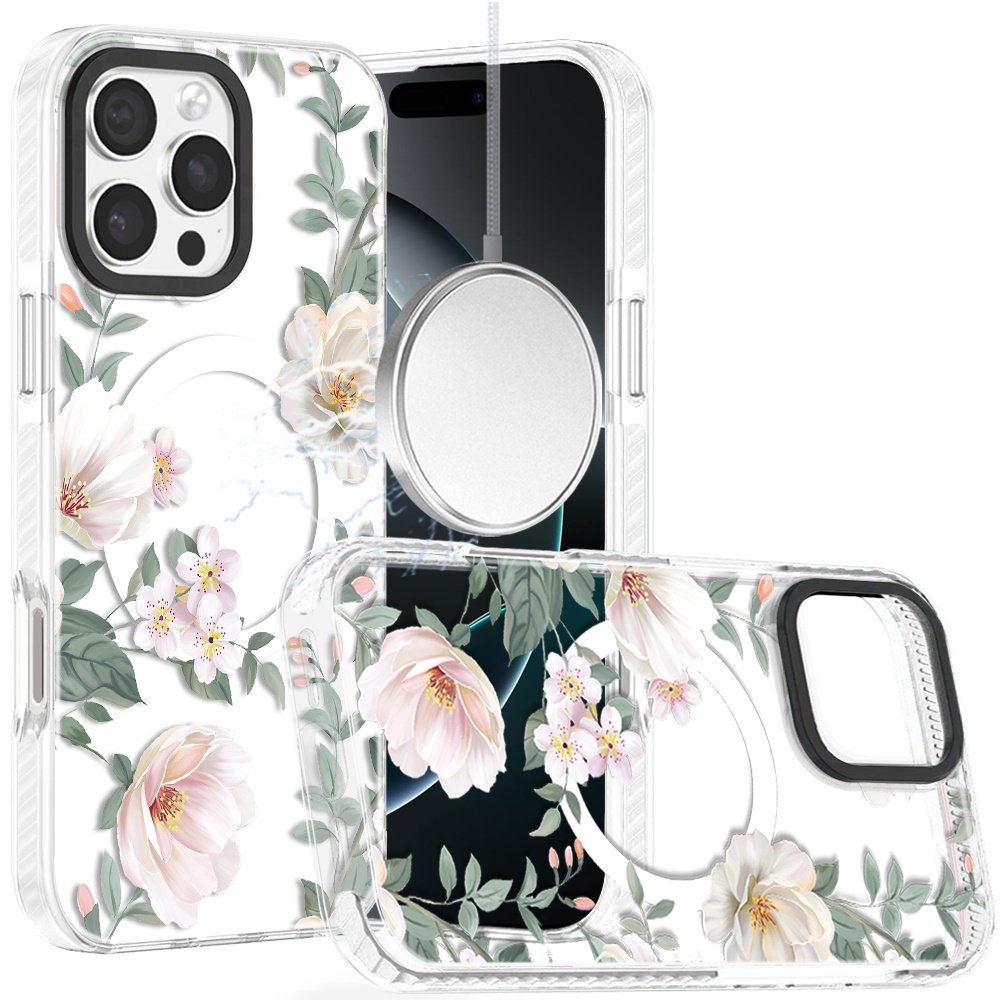 for iphone 16 pro max 6.9 beautiful magnetic hybrid imd design case light floral with gray leaves
