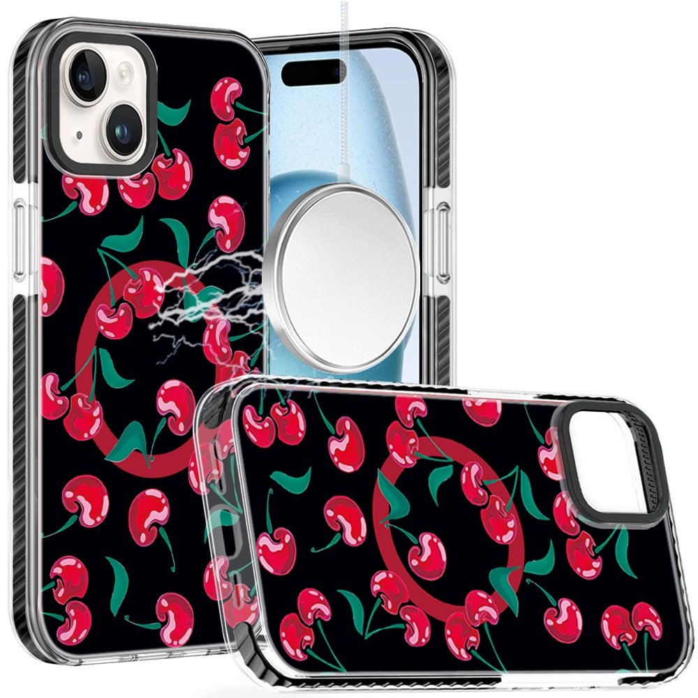 for iphone 15 beautiful magnetic hybrid imd design case black base with red cherries