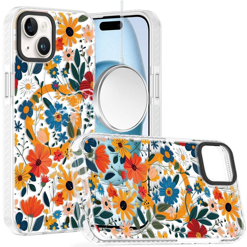 for iphone 15 beautiful magnetic hybrid imd design case orange blue rustic floral