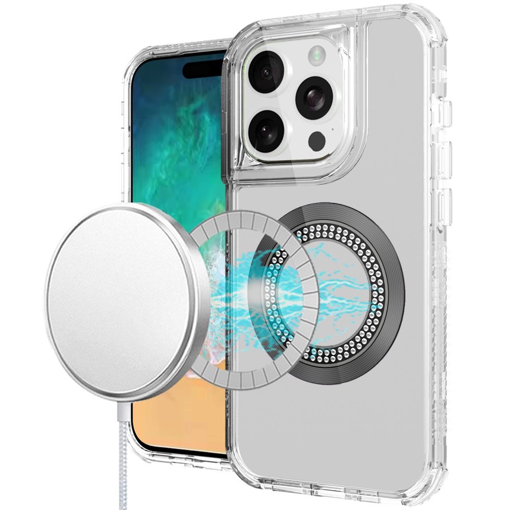 for iphone 16 pro max 6.9 inch magnetic ring circle bling chrome 3in1 hybrid case clear
