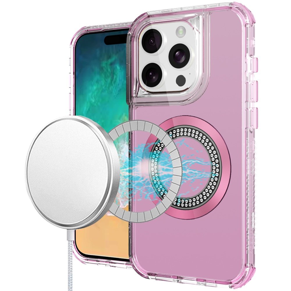 for iphone 16 pro max 6.9 inch magnetic ring circle bling chrome 3in1 hybrid case pink