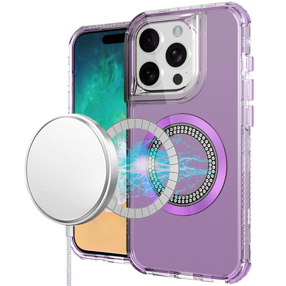 for iphone 16 pro max 6.9 inch magnetic ring circle bling chrome 3in1 hybrid case purple