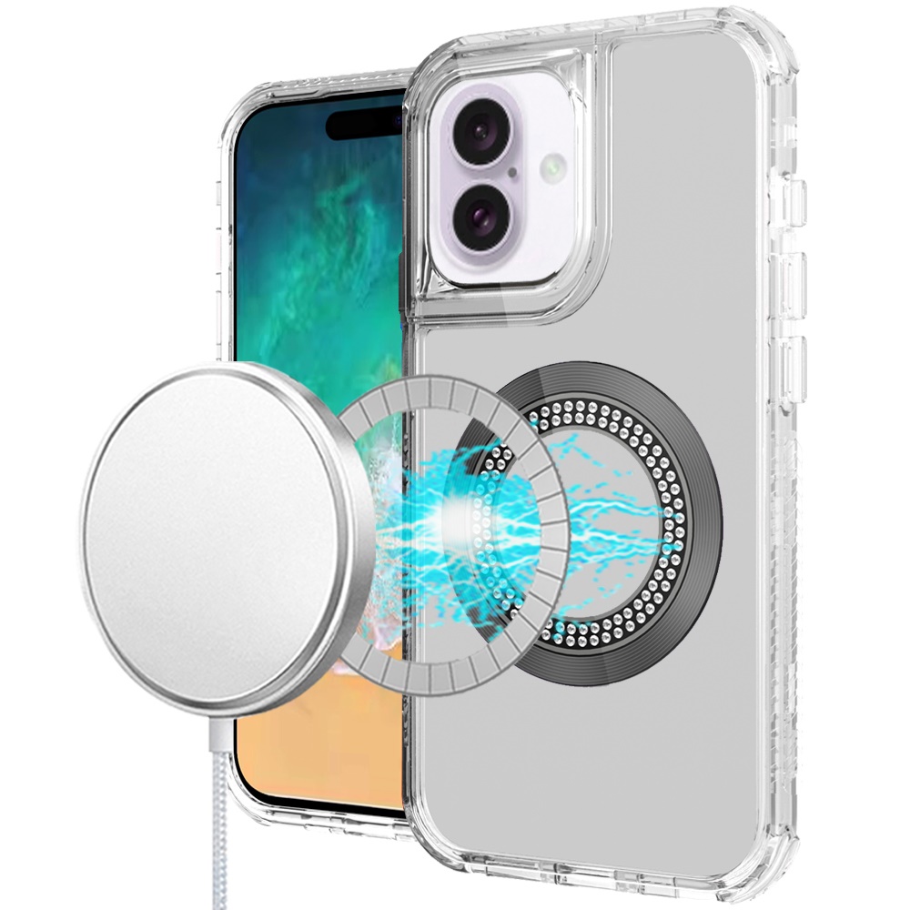 for iphone 16 plus 6.7 inch magnetic ring circle bling chrome 3in1 hybrid case clear
