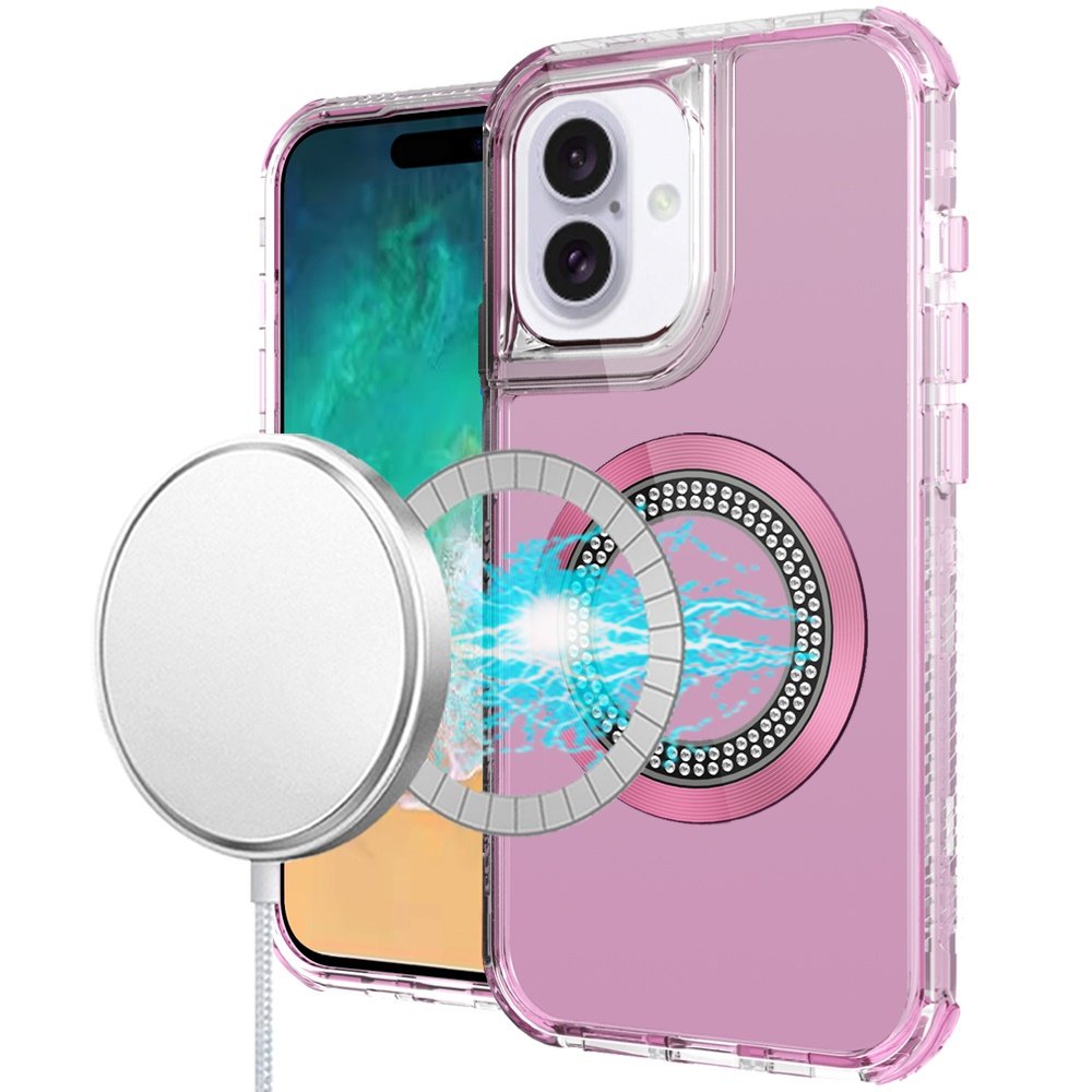 for iphone 16 plus 6.7 inch magnetic ring circle bling chrome 3in1 hybrid case pink