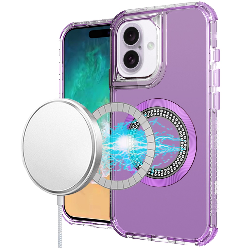 for iphone 16 plus 6.7 inch magnetic ring circle bling chrome 3in1 hybrid case purple