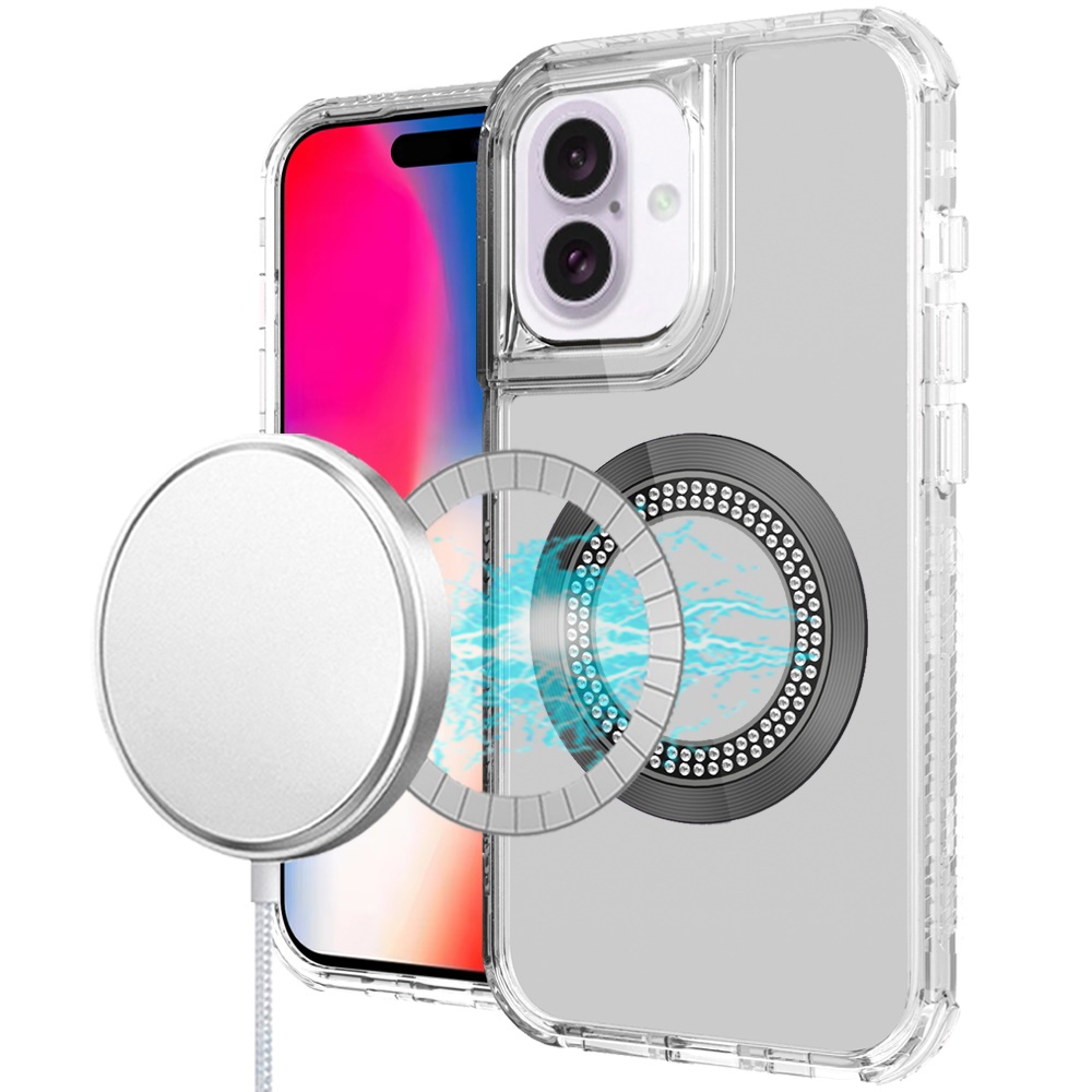 for iphone 16 6.1 inch magnetic ring circle bling chrome 3in1 hybrid case clear