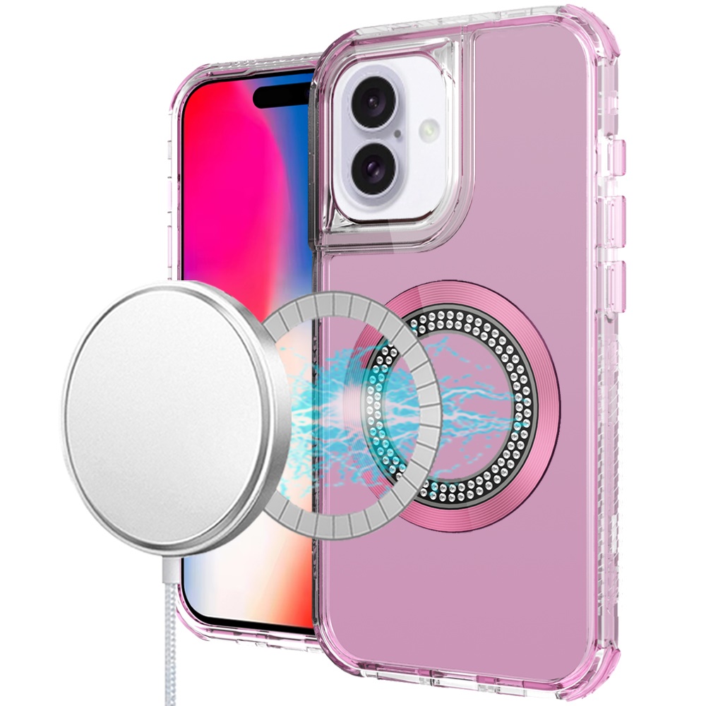 for iphone 16 6.1 inch magnetic ring circle bling chrome 3in1 hybrid case pink