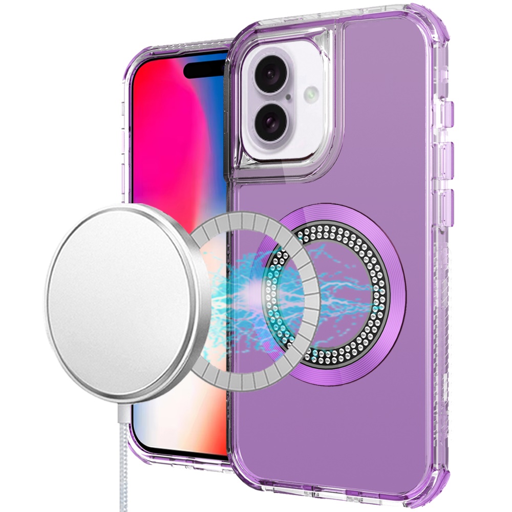 for iphone 16 6.1 inch magnetic ring circle bling chrome 3in1 hybrid case purple