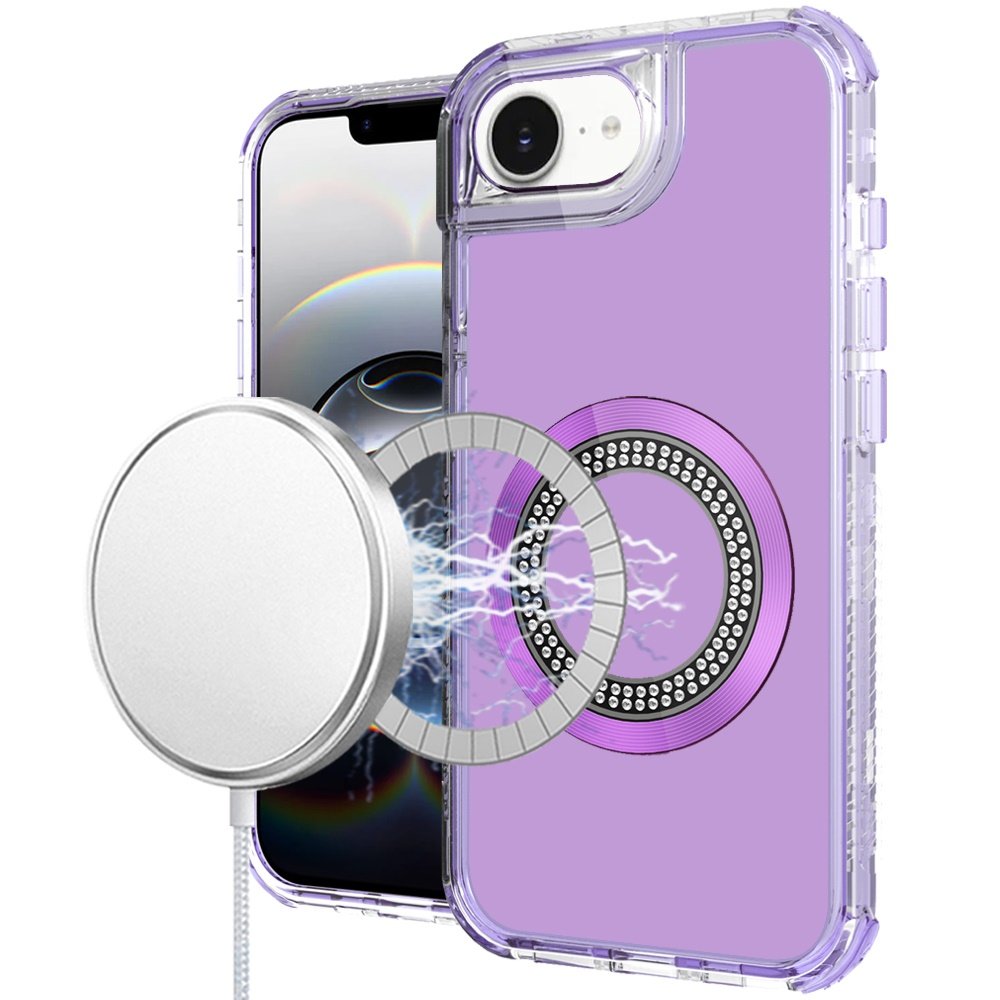 for iphone 17e / 16e / se4 magnetic ring circle bling chrome 3in1 hybrid case purple