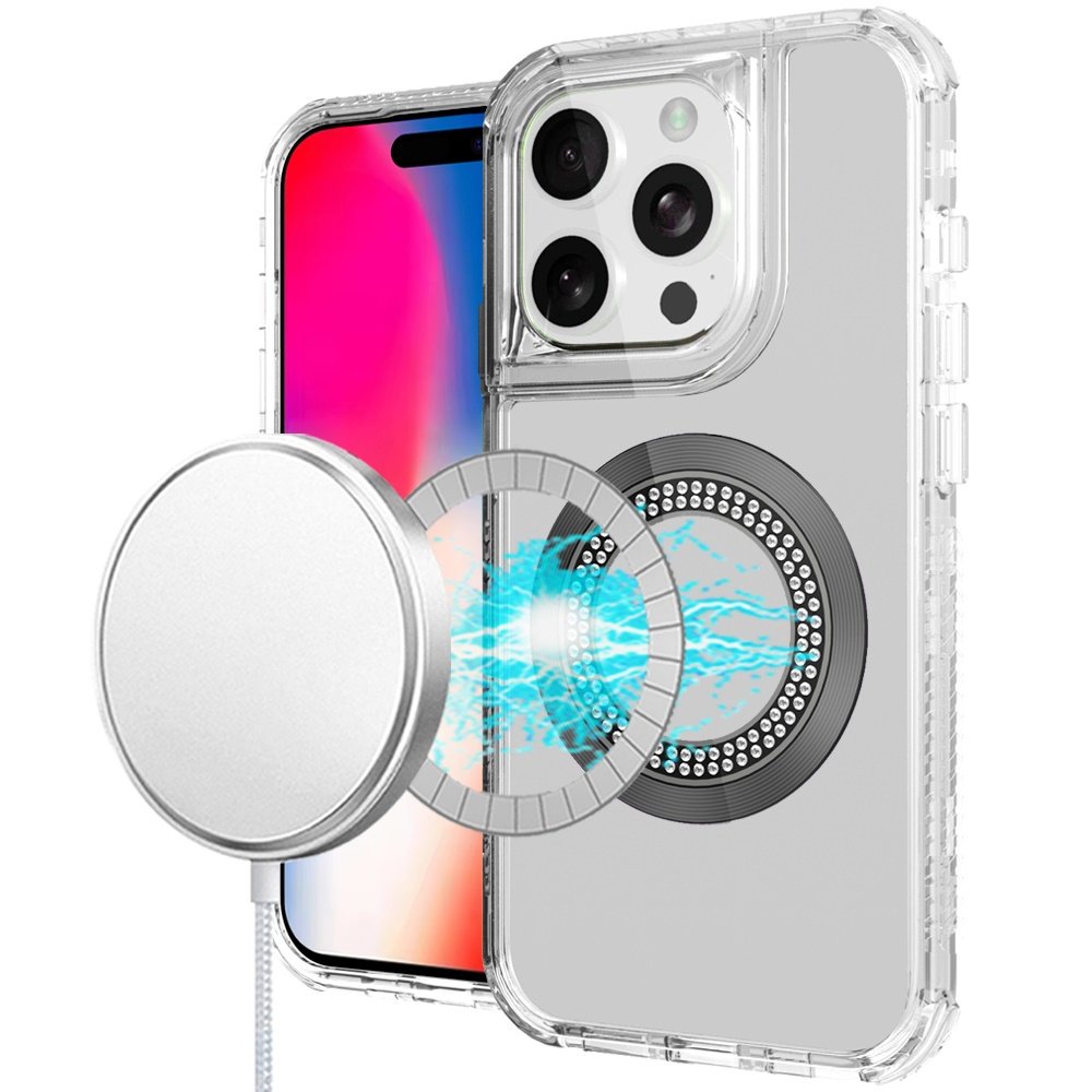 for iphone 16 pro 6.3 inch magnetic ring circle bling chrome 3in1 hybrid case clear