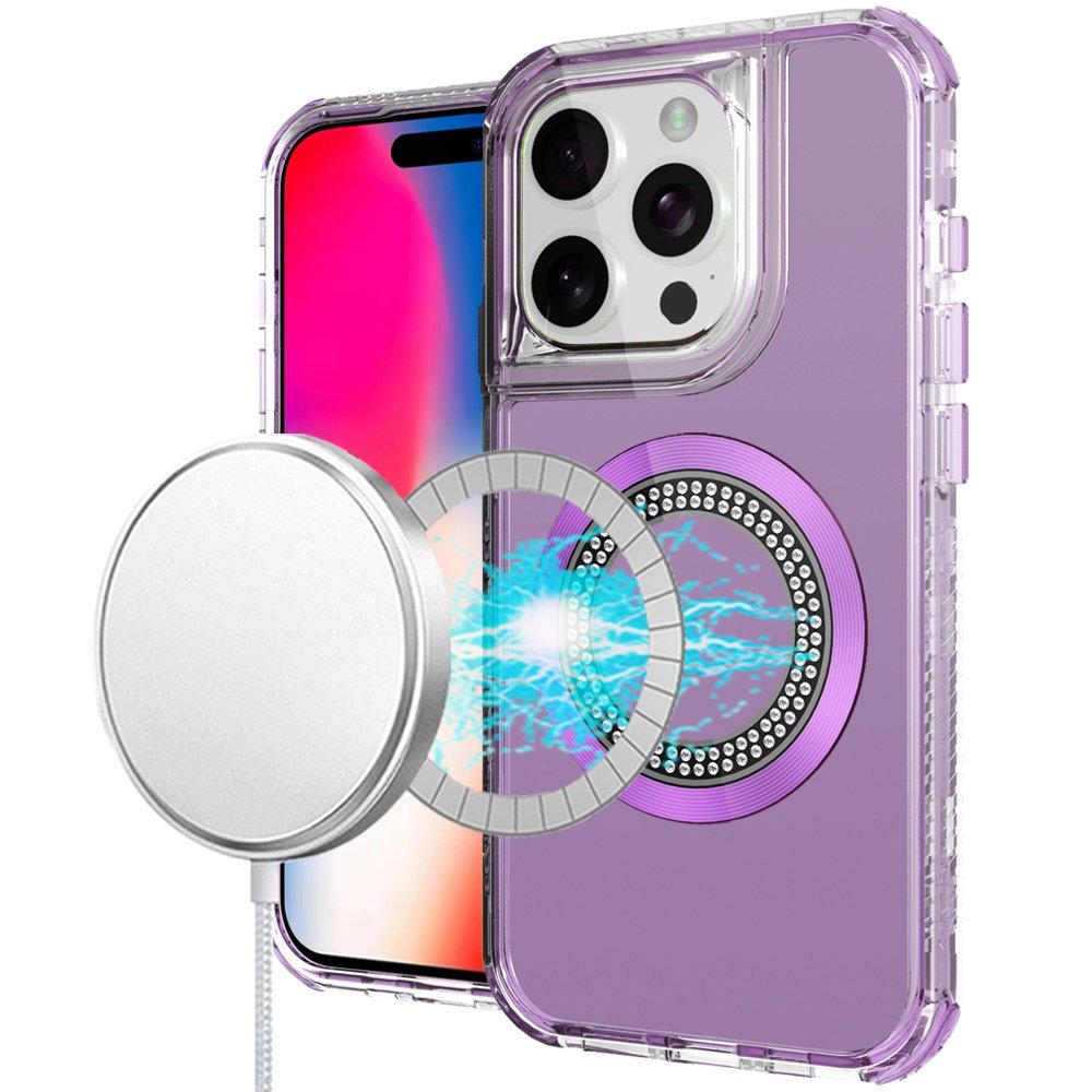 for iphone 16 pro 6.3 inch magnetic ring circle bling chrome 3in1 hybrid case purple