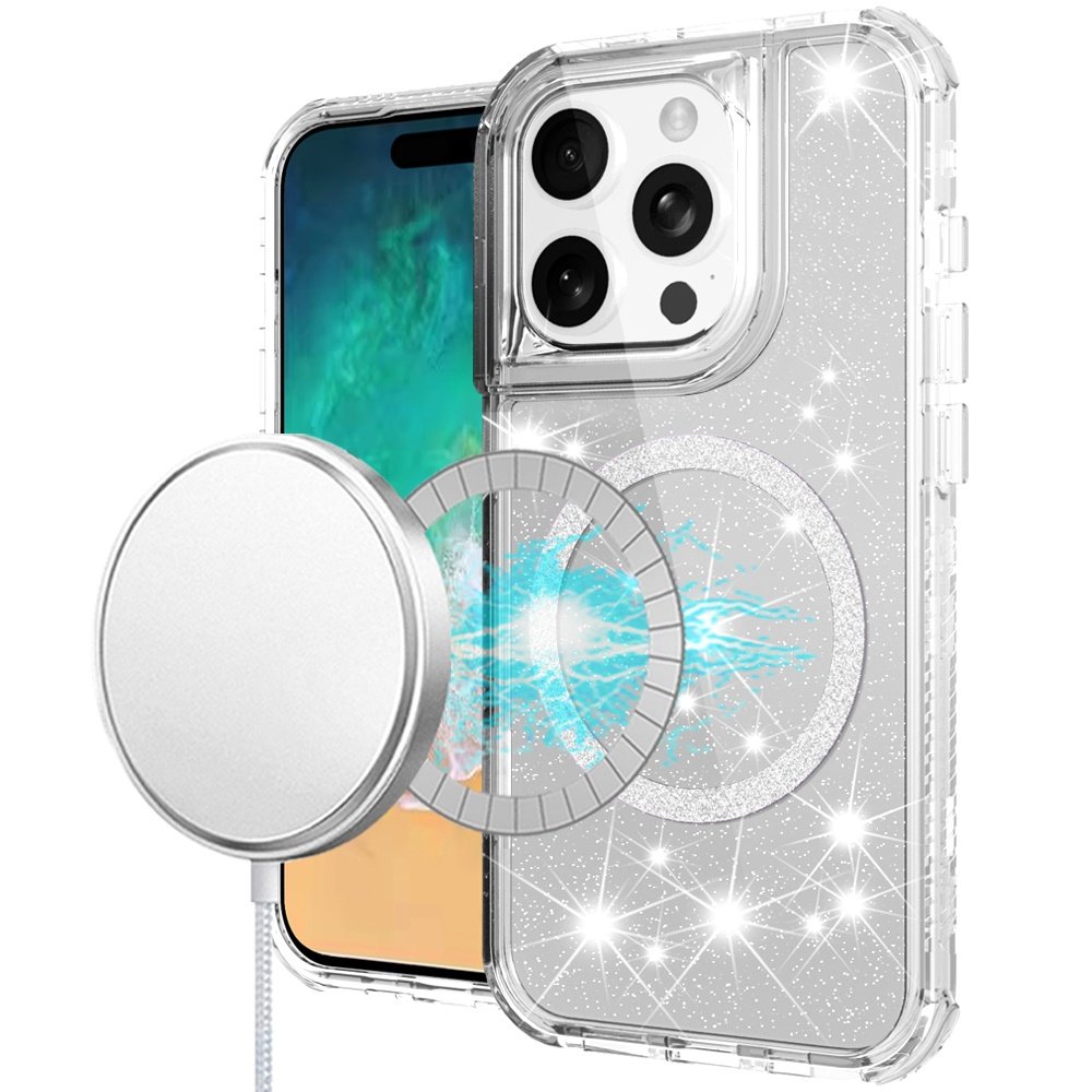 for iphone 16 pro max 6.9 inch magnetic ring glitter 3in1 hybrid case cover clear