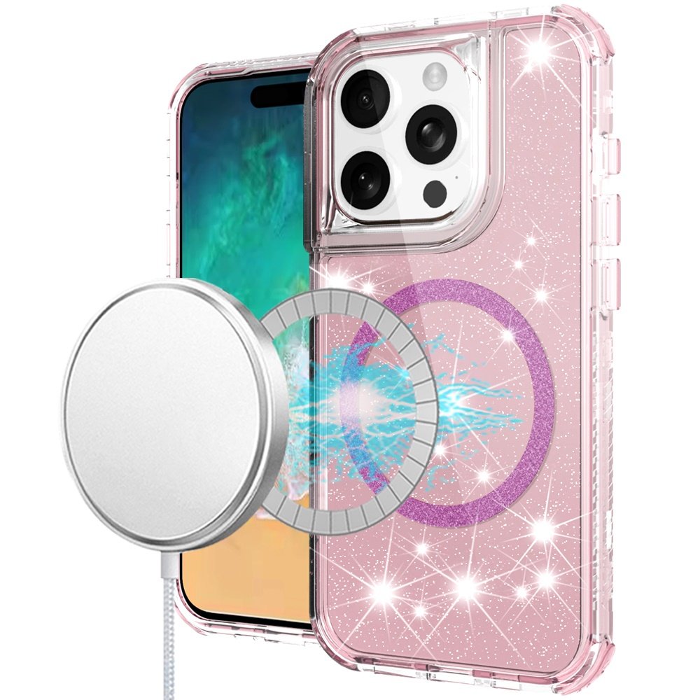 for iphone 16 pro max 6.9 inch magnetic ring glitter 3in1 hybrid case cover pink