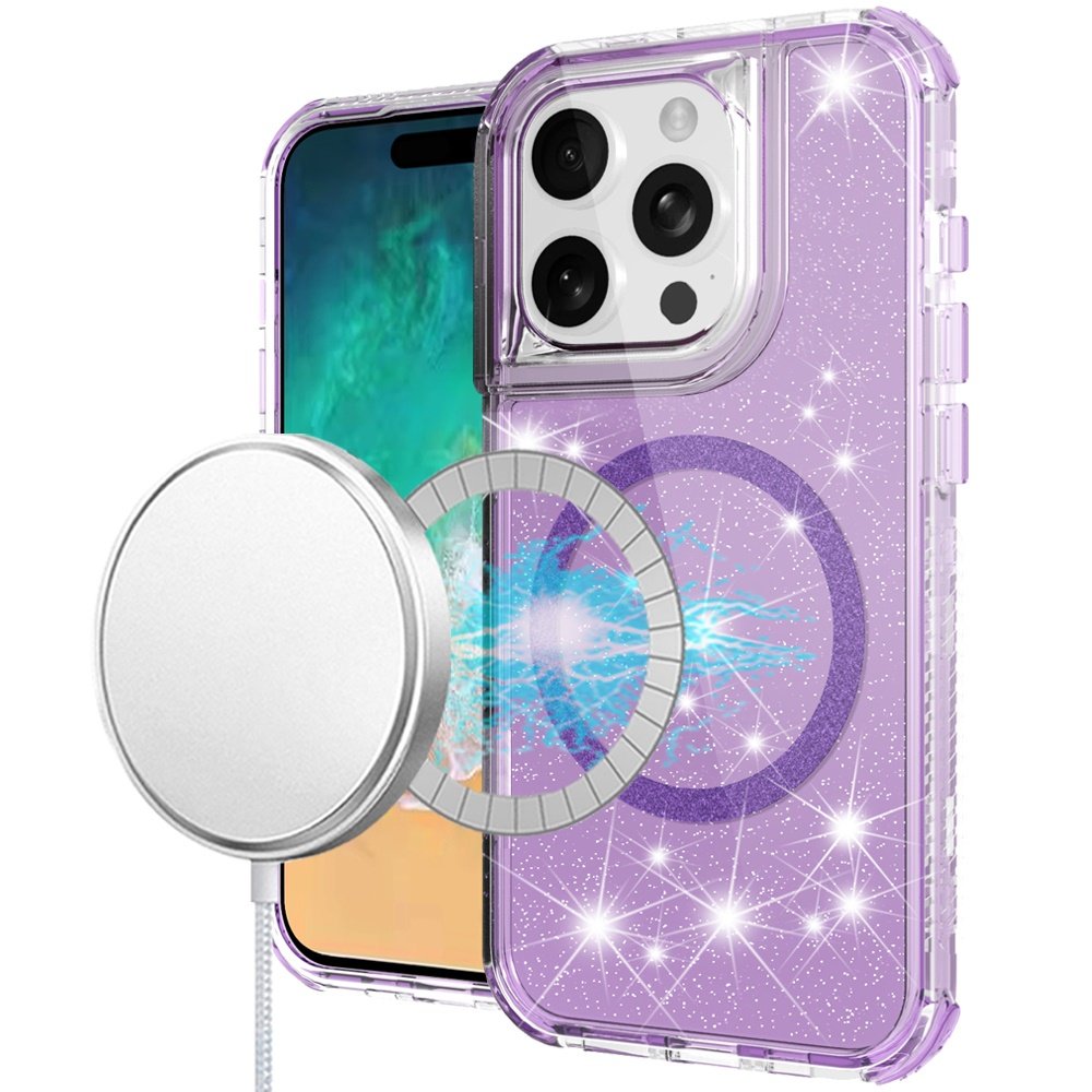for iphone 16 pro max 6.9 inch magnetic ring glitter 3in1 hybrid case cover purple