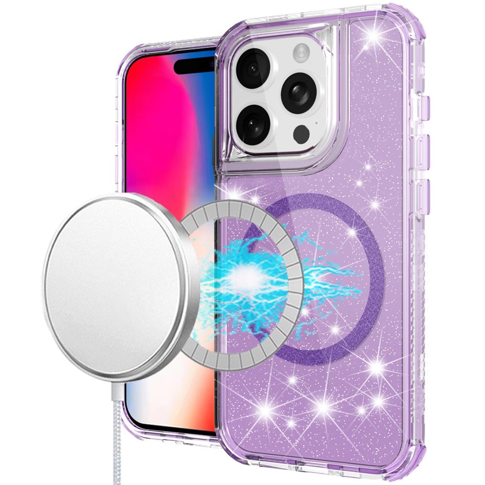 for iphone 16 pro 6.3 inch magnetic ring glitter 3in1 hybrid case cover purple