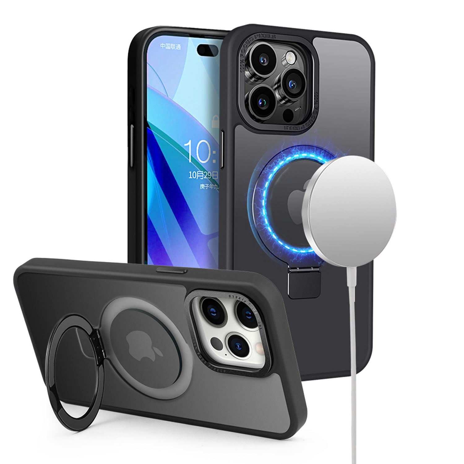 for iphone 13 pro max metal chrome kickstand [magnetic circle] shockproof matching camera hybrid black
