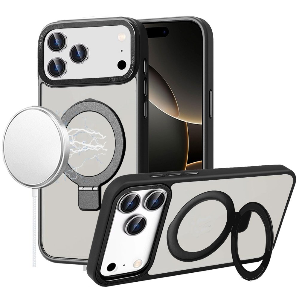 for iphone 17 pro max metal chrome kickstand [magnetic circle] shockproof matching camera hybrid black