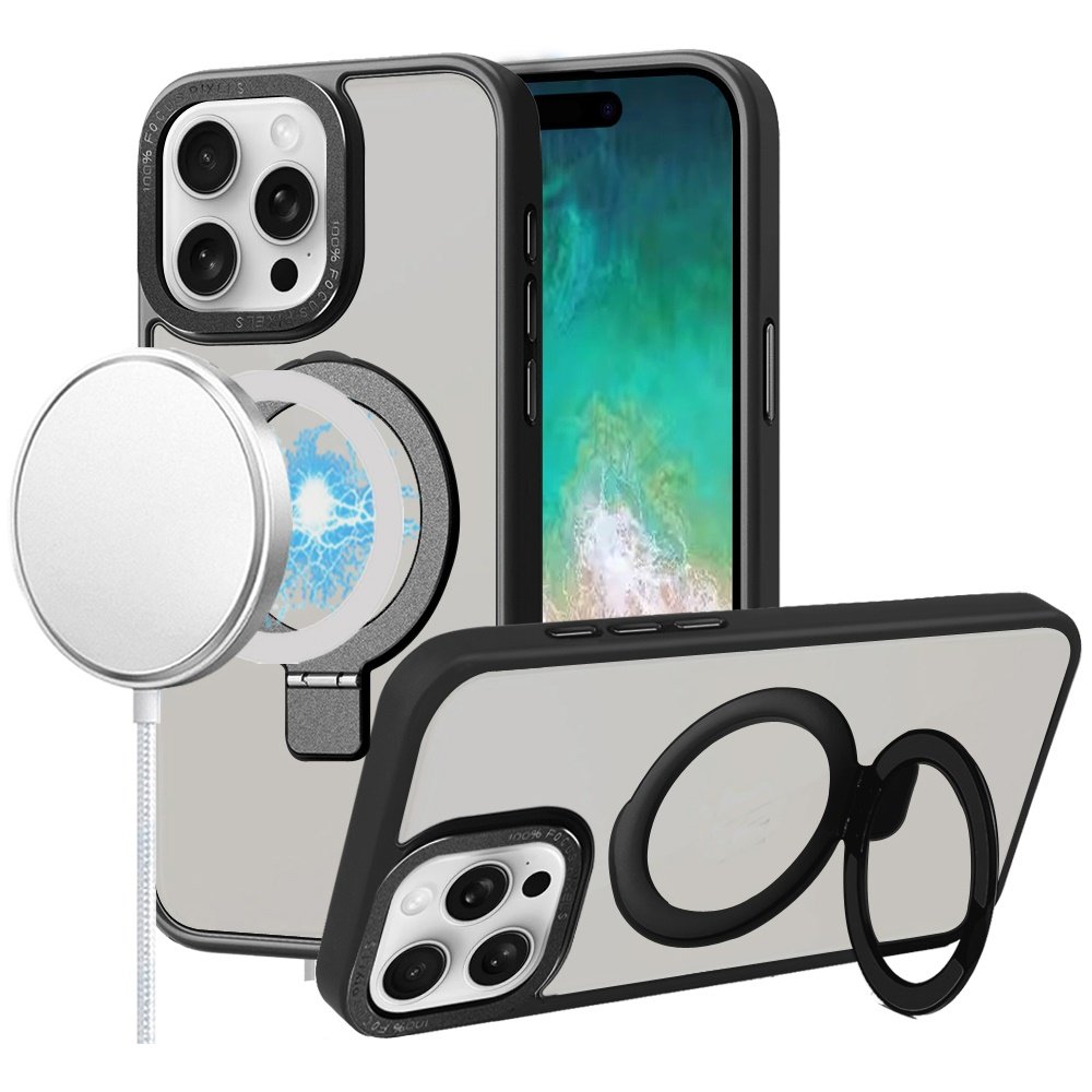 for iphone 16 pro max 6.9 inch metal chrome kickstand [magnetic circle] shockproof matching camera hybrid black