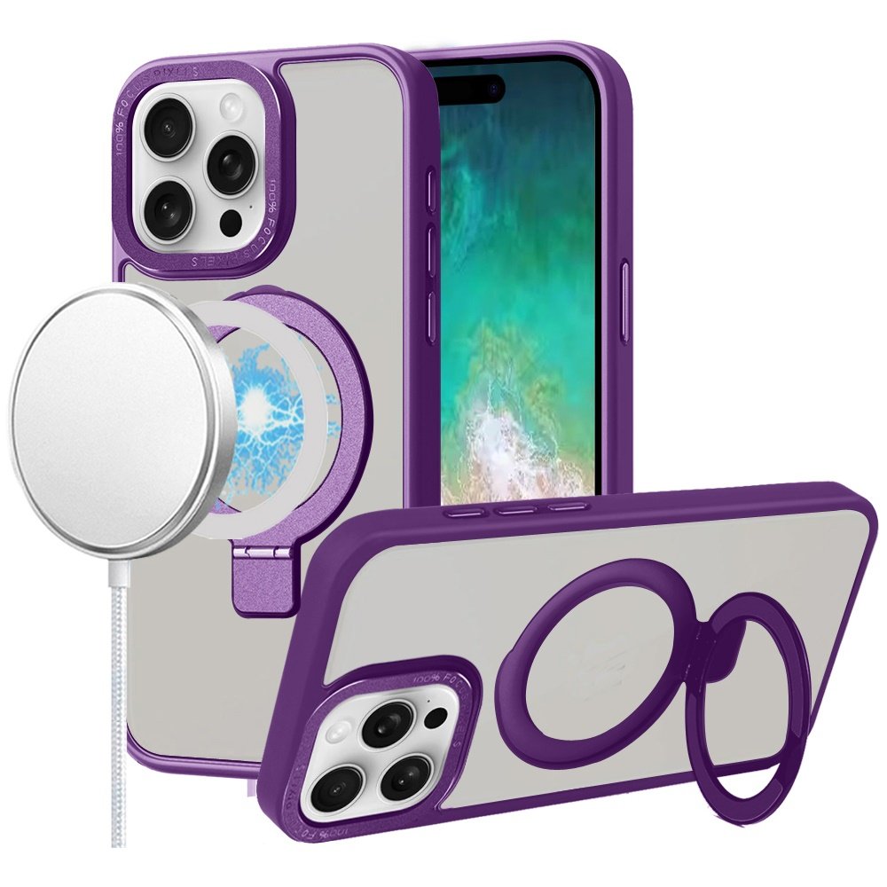 for iphone 16 pro max 6.9 inch metal chrome kickstand [magnetic circle] shockproof matching camera hybrid purple