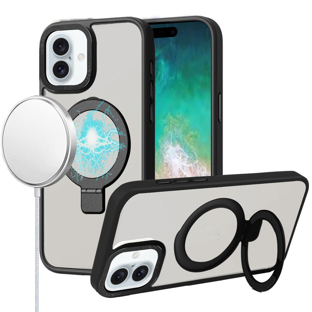 for iphone 16 plus 6.7 inch metal chrome kickstand [magnetic circle] shockproof matching camera hybrid black