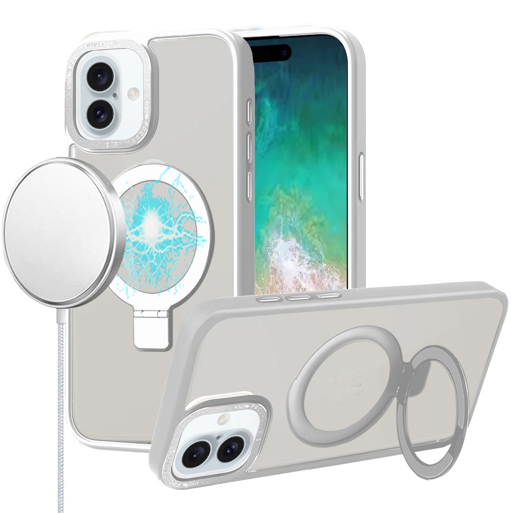 for iphone 16 plus 6.7 inch metal chrome kickstand [magnetic circle] shockproof matching camera hybrid clear