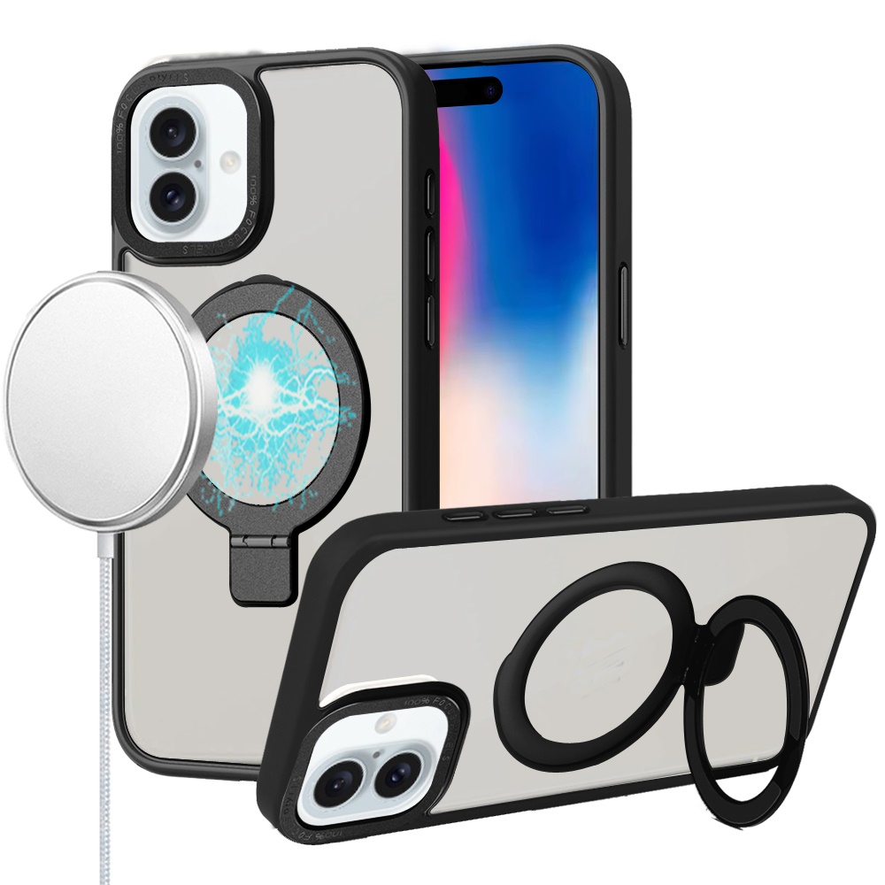 for iphone 16 6.1 inch metal chrome kickstand [magnetic circle] shockproof matching camera hybrid black