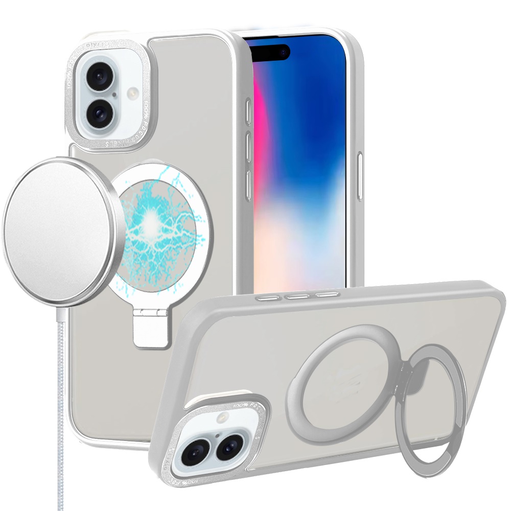 for iphone 16 6.1 inch metal chrome kickstand [magnetic circle] shockproof matching camera hybrid clear