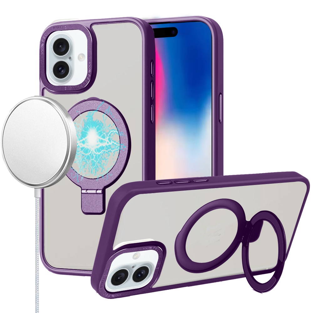 for iphone 16 6.1 inch metal chrome kickstand [magnetic circle] shockproof matching camera hybrid purple