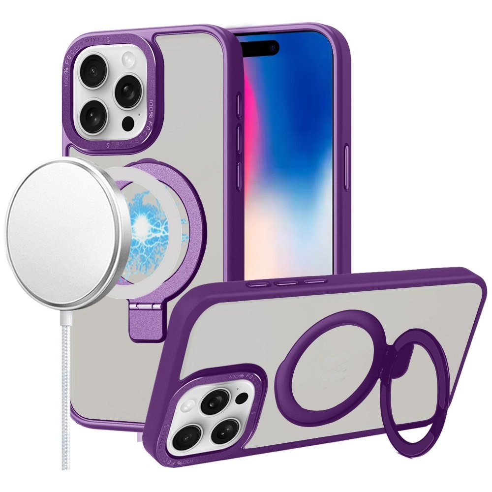 for iphone 16 pro 6.3 inch metal chrome kickstand [magnetic circle] shockproof matching camera hybrid purple
