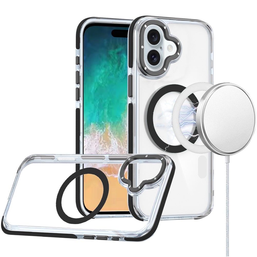 for iphone 16 plus 6.7 inch matching color frame strong magnetic ring circle transparent hq thick hybrid black